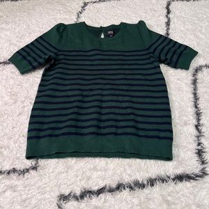 Green and Navy Striped Short Sleeved Jacquard Sweater Tee